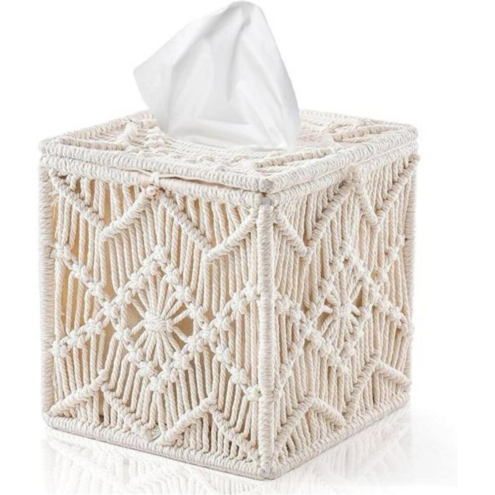 Square macrame tissue box cover woven boho tissue holder decorative home bathroo